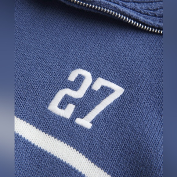 Hollister Blue and White Striped Quarter Zip-Up Sweater • Oversized Varsity Top - Picture 3 of 3